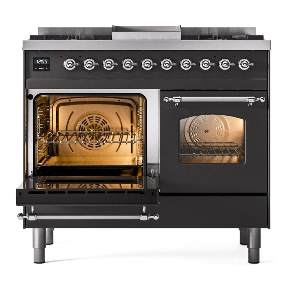 ILVE UPD40FNMPMGCLP Nostalgie II 40 inch Dual Fuel Range with Double Ovens, 6 Burners and Griddle (Liquid Propane, Triple Glass Door, Graphite Matte, Chrome) 7 ILVE UPD40FNMPMGCLP main oven door opened