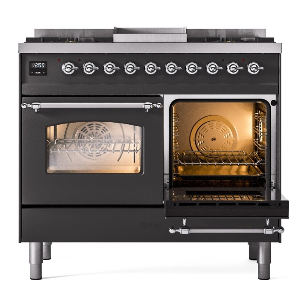 ILVE UPD40FNMPMGCLP Nostalgie II 40 inch Dual Fuel Range with Double Ovens, 6 Burners and Griddle (Liquid Propane, Triple Glass Door, Graphite Matte, Chrome) 8 ILVE UPD40FNMPMGCLP aux door opened