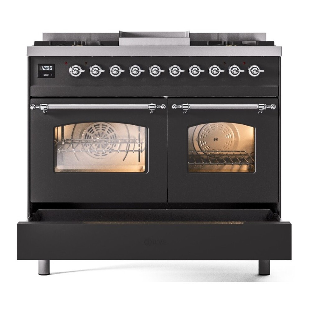 ILVE UPD40FNMPMGCLP Nostalgie II 40 inch Dual Fuel Range with Double Ovens, 6 Burners and Griddle (Liquid Propane, Triple Glass Door, Graphite Matte, Chrome) 9 ILVE UPD40FNMPMGCLP drawer opened