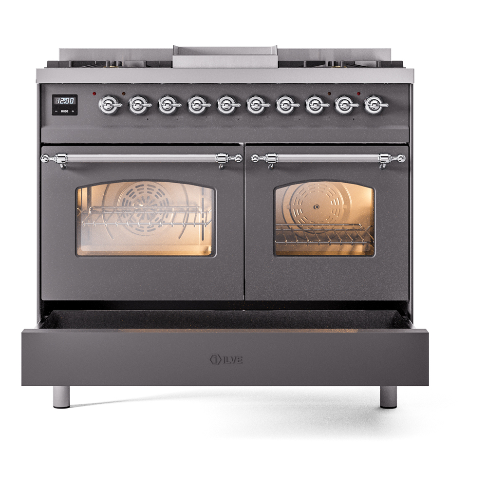 ILVE UPD40FNMPMGCLP Nostalgie II 40" Dual Fuel Range, drawer opened