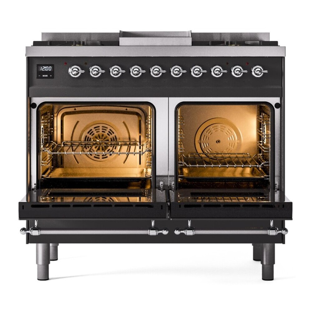 ILVE UPD40FNMPMGC Nostalgie II 40 inch Dual Fuel Range with Double Ovens, 6 Burners and Griddle (Natural Gas, Triple Glass Door, Graphite Matte, Chrome) 6 ILVE UPD40FNMPMGC oven doors opened