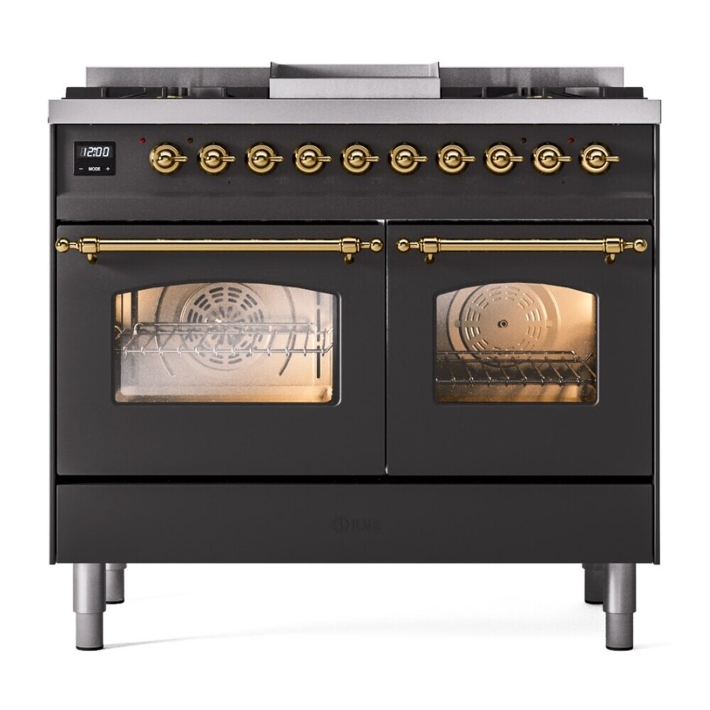 ILVE UPD40FNMPMGGLP Nostalgie II 40 inch Dual Fuel Range with Double Ovens, 6 Burners and Griddle (Liquid Propane, Triple Glass Door, Graphite Matte, Brass) 5 ILVE UPD40FNMPMGGLP front view