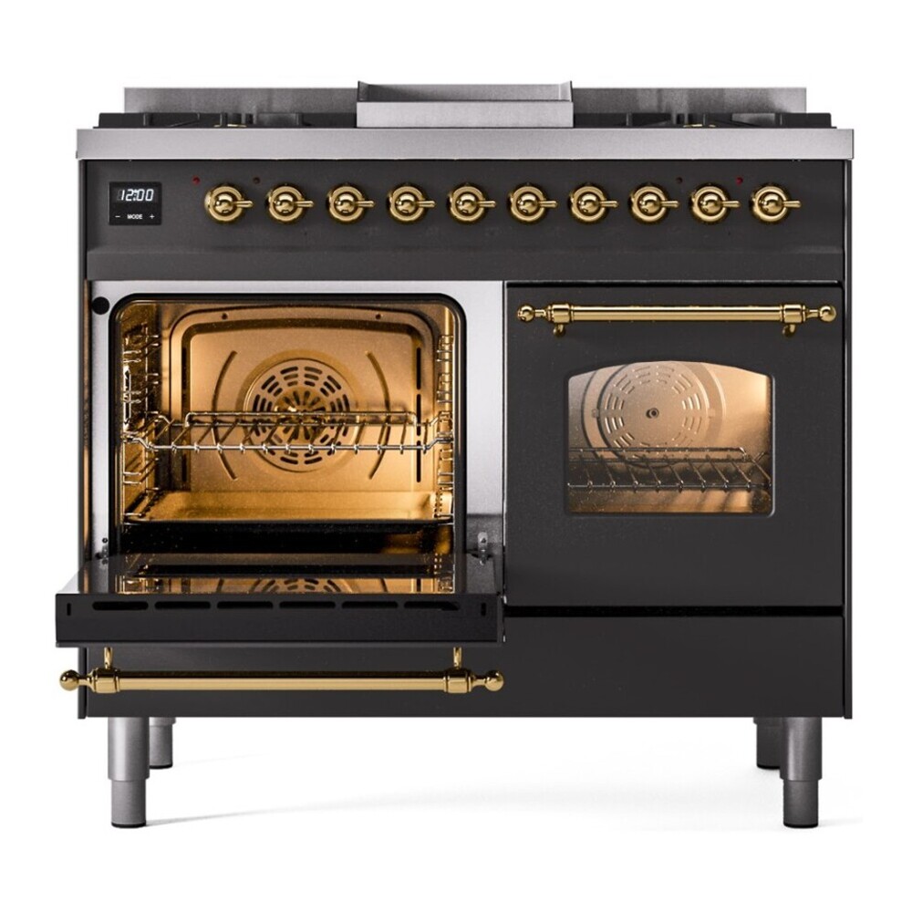 ILVE UPD40FNMPMGGLP Nostalgie II 40 inch Dual Fuel Range with Double Ovens, 6 Burners and Griddle (Liquid Propane, Triple Glass Door, Graphite Matte, Brass) 7 ILVE UPD40FNMPMGGLP main oven door opened