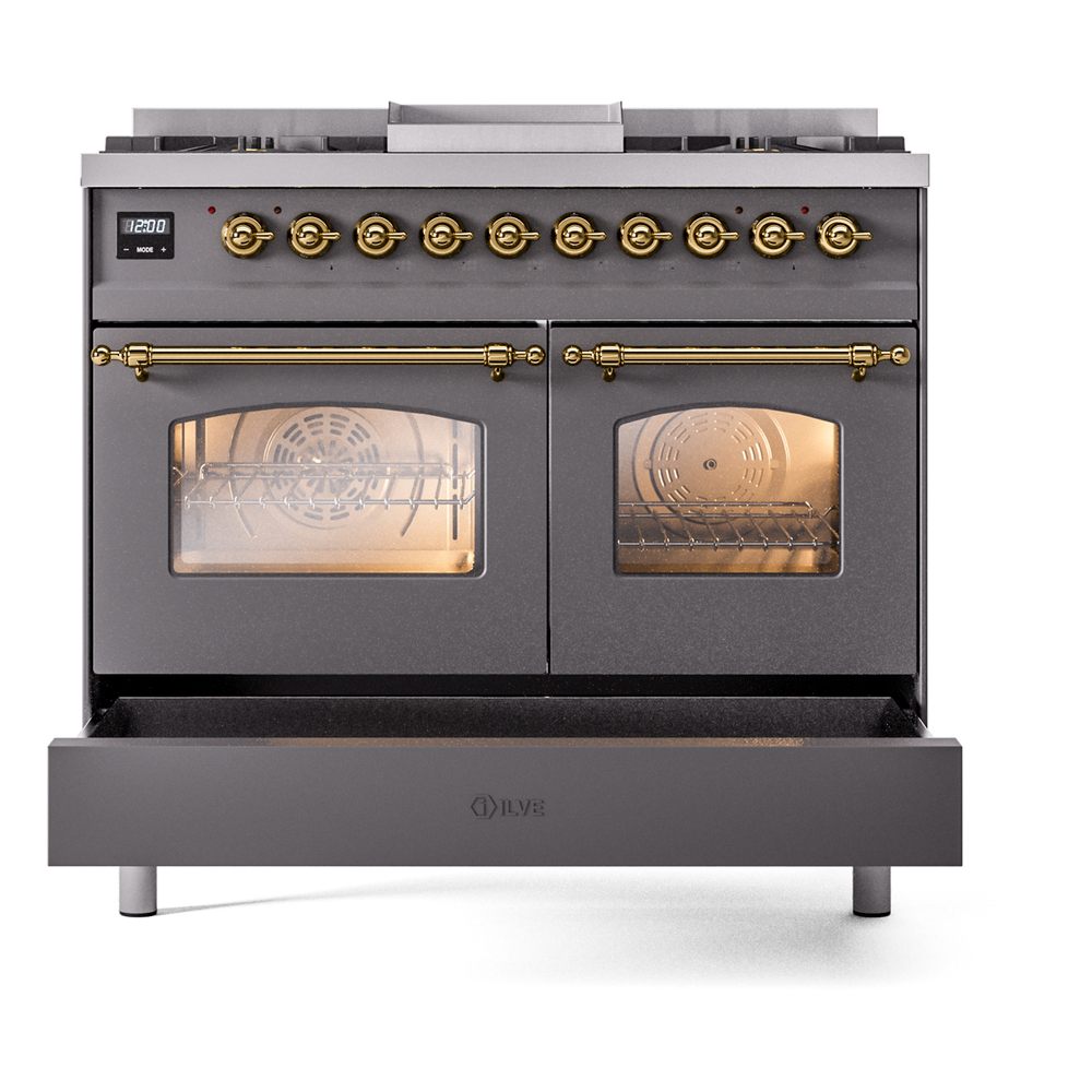 ILVE UPD40FNMPMGG Nostalgie II 40" Dual Fuel Range, drawer opened