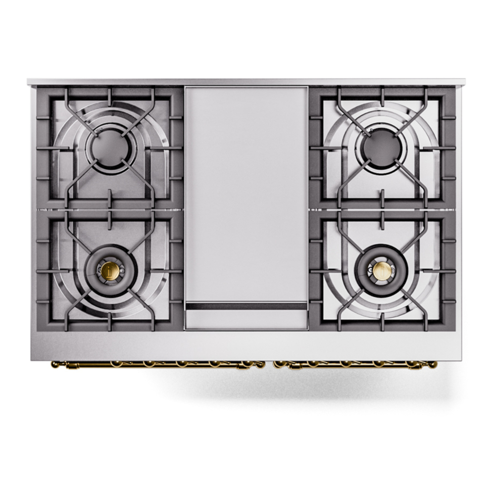 ILVE UPD40FNMPMGGLP Nostalgie II 40 inch Dual Fuel Range with Double Ovens, 6 Burners and Griddle (Liquid Propane, Triple Glass Door, Graphite Matte, Brass) 11 ILVE UPD40FNMPMGG Nostalgie II 40" Dual Fuel Range, top view