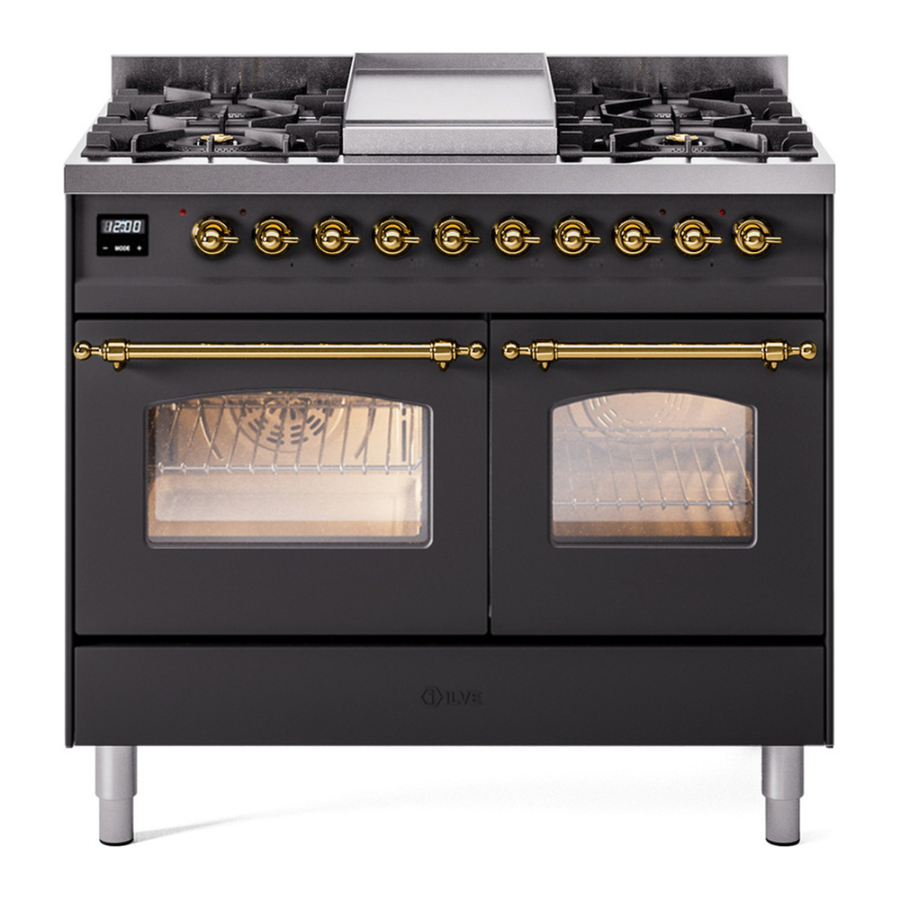 ILVE UPD40FNMPMGG Nostalgie II 40 inch Dual Fuel Range with Double Ovens, 6 Burners and Griddle (Natural Gas, Triple Glass Door, Graphite Matte, Brass)