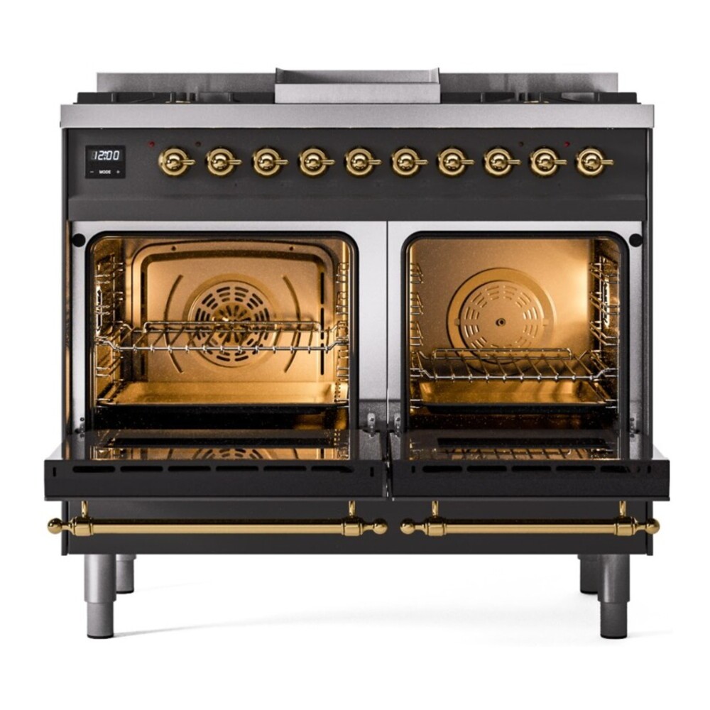 ILVE UPD40FNMPMGG Nostalgie II 40 inch Dual Fuel Range with Double Ovens, 6 Burners and Griddle (Natural Gas, Triple Glass Door, Graphite Matte, Brass) 6 ILVE UPD40FNMPMGG oven doors opened
