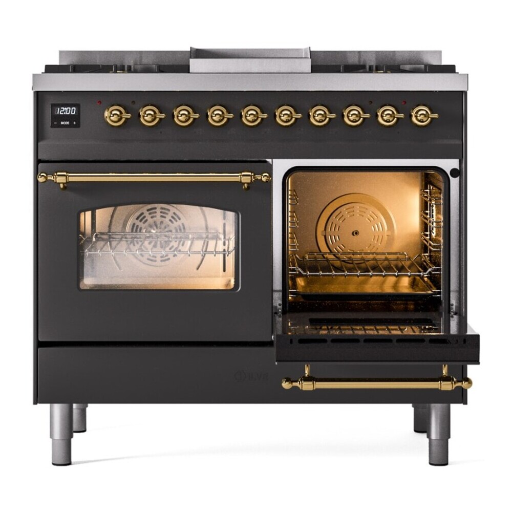 ILVE UPD40FNMPMGG Nostalgie II 40 inch Dual Fuel Range with Double Ovens, 6 Burners and Griddle (Natural Gas, Triple Glass Door, Graphite Matte, Brass) 8 ILVE UPD40FNMPMGG aux door opened