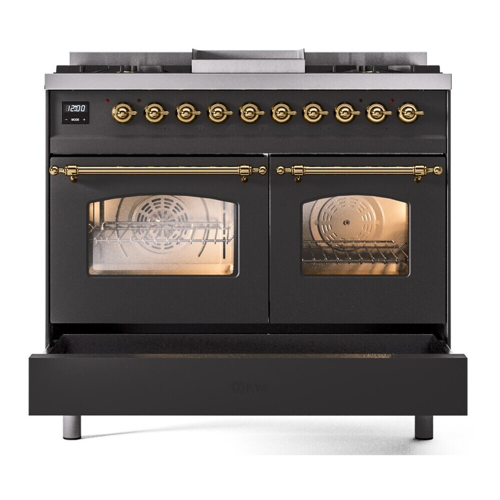 ILVE UPD40FNMPMGG Nostalgie II 40 inch Dual Fuel Range with Double Ovens, 6 Burners and Griddle (Natural Gas, Triple Glass Door, Graphite Matte, Brass) 9 ILVE UPD40FNMPMGG drawer opened