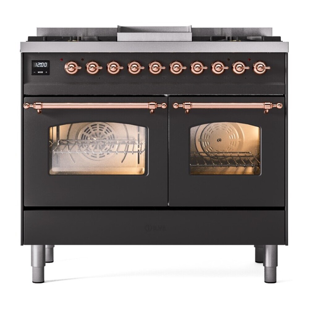 ILVE UPD40FNMPMGPLP Nostalgie II 40 inch Dual Fuel Range with Double Ovens, 6 Burners and Griddle (Liquid Propane, Triple Glass Door, Graphite Matte, Copper) 5 ILVE UPD40FNMPMGPLP front view