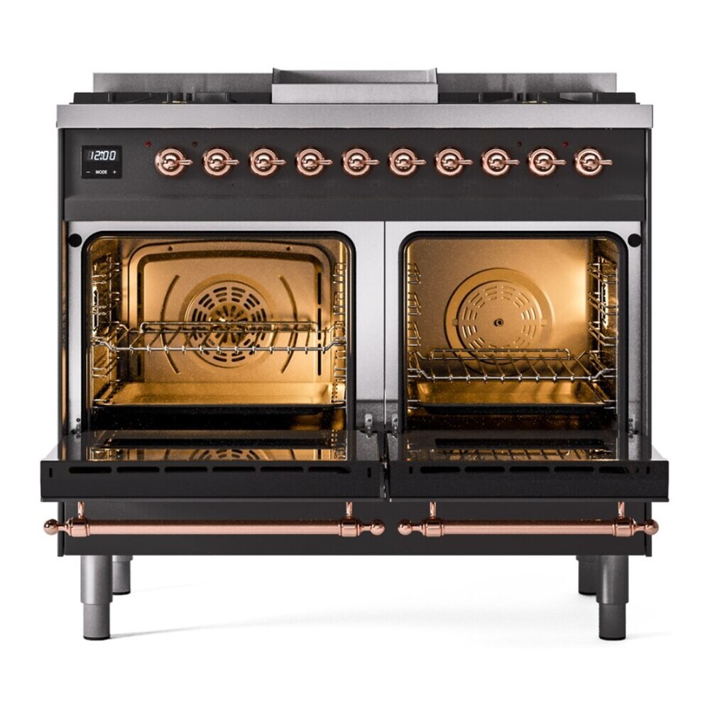 ILVE UPD40FNMPMGPLP Nostalgie II 40 inch Dual Fuel Range with Double Ovens, 6 Burners and Griddle (Liquid Propane, Triple Glass Door, Graphite Matte, Copper) 6 ILVE UPD40FNMPMGPLP oven doors opened