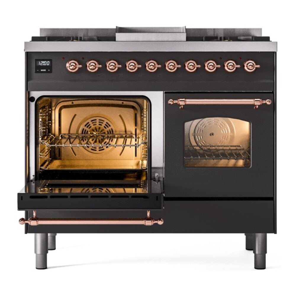 ILVE UPD40FNMPMGPLP Nostalgie II 40 inch Dual Fuel Range with Double Ovens, 6 Burners and Griddle (Liquid Propane, Triple Glass Door, Graphite Matte, Copper) 7 ILVE UPD40FNMPMGPLP main oven door opened