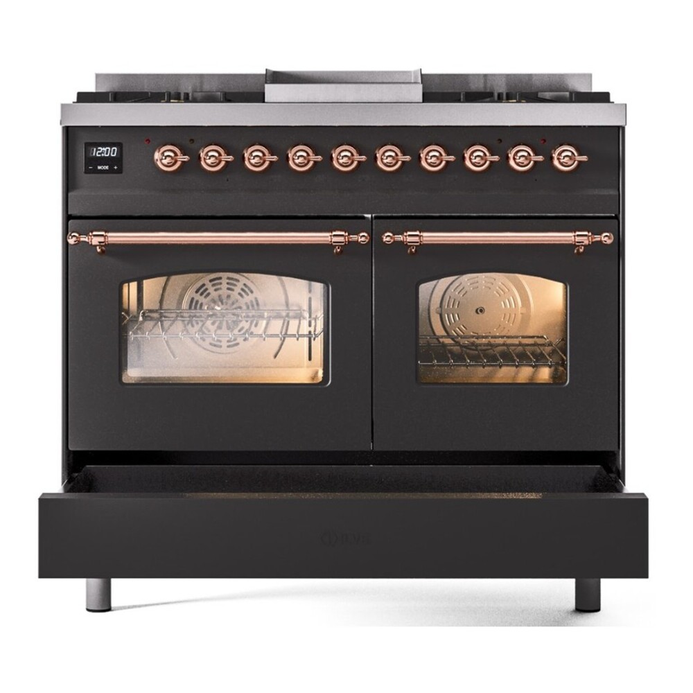 ILVE UPD40FNMPMGPLP Nostalgie II 40 inch Dual Fuel Range with Double Ovens, 6 Burners and Griddle (Liquid Propane, Triple Glass Door, Graphite Matte, Copper) 9 ILVE UPD40FNMPMGPLP drawer opened