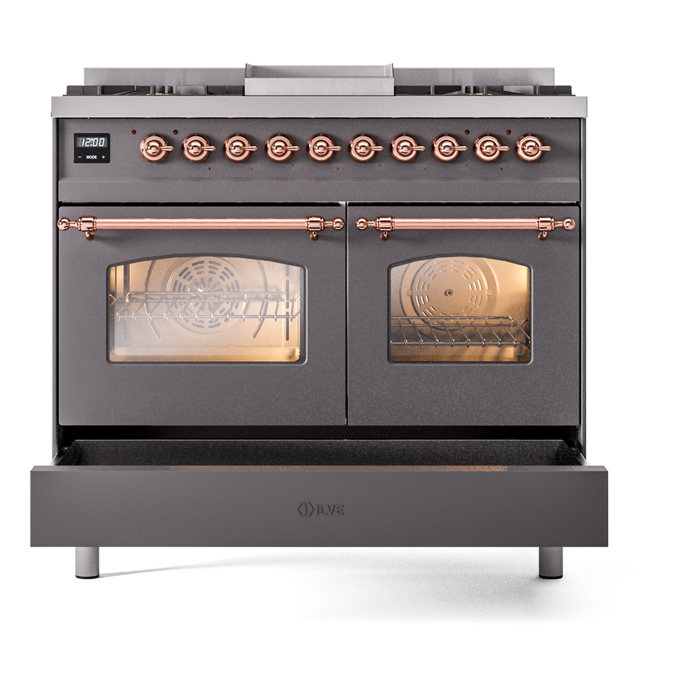 ILVE UPD40FNMPMGPLP Nostalgie II 40" Dual Fuel Range, drawer opened