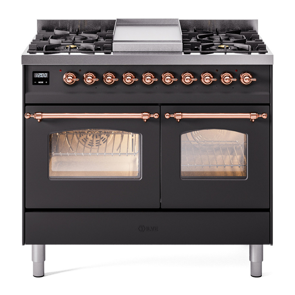 ILVE UPD40FNMPMGP Nostalgie II 40 inch Dual Fuel Range with Double Ovens, 6 Burners and Griddle (Natural Gas, Triple Glass Door, Graphite Matte, Copper) 1 UPD40FNMPMGP