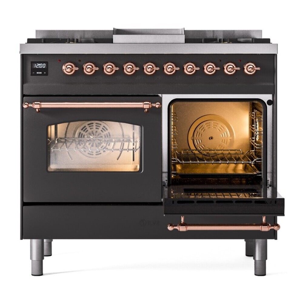 ILVE UPD40FNMPMGP Nostalgie II 40 inch Dual Fuel Range with Double Ovens, 6 Burners and Griddle (Natural Gas, Triple Glass Door, Graphite Matte, Copper) 8 ILVE UPD40FNMPMGP aux door opened