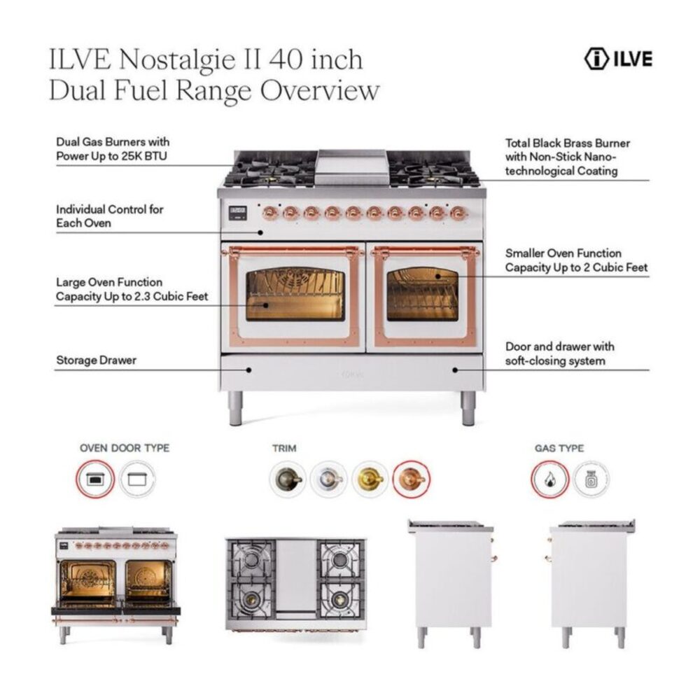 ILVE UPD40FNMP Nostalgie II 40 inch Dual Fuel Range with Double Ovens, 6 Burners and Griddle