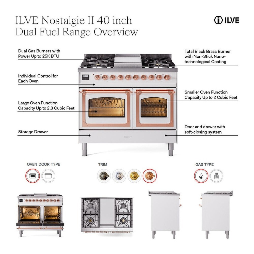 ILVE UPD40FNMPMMPLP Nostalgie II 40 inch Dual Fuel Range with Double Ovens, 6 Burners and Griddle (Liquid Propane, Triple Glass Door, Mediterranean Mint, Copper) 2 ILVE UPD40FNMP Nostalgie II 40 inch Dual Fuel Range with Double Ovens, 6 Burners and Griddle
