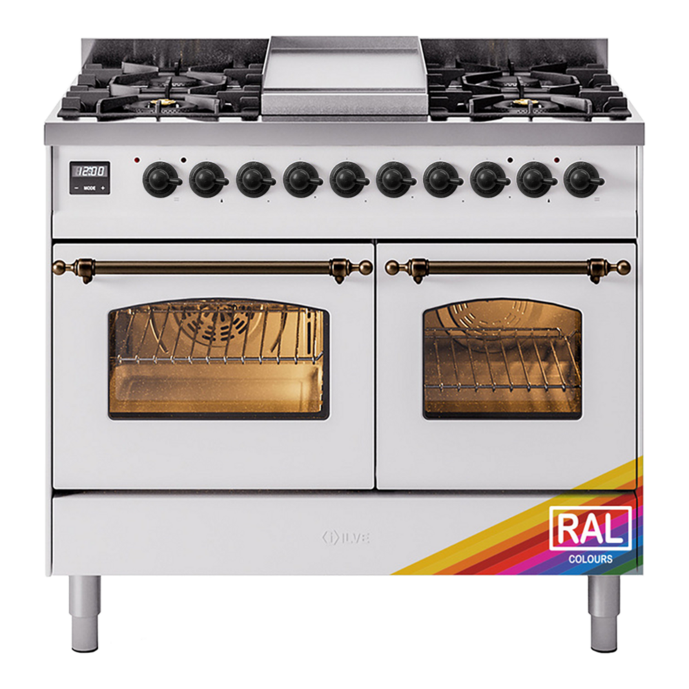ILVE UPD40FNMPRABLP Nostalgie II 40 inch Dual Fuel Range with Double Ovens, 6 Burners and Griddle (Liquid Propane, Triple Glass Door, RAL, Burnished) 1 UPD40FNMPRABLP
