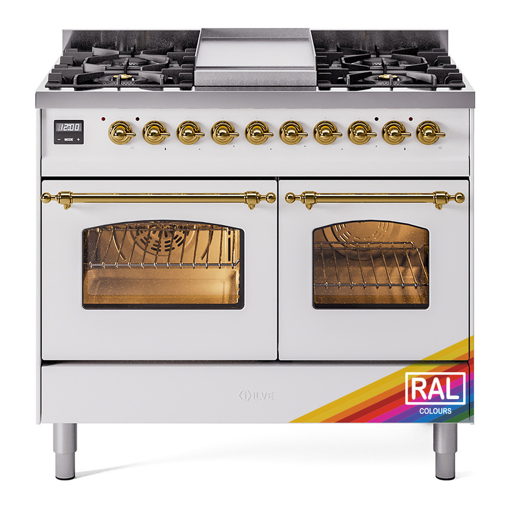 ILVE UPD40FNMPRAGLP Nostalgie II 40 inch Dual Fuel Range with Double Ovens, 6 Burners and Griddle (Liquid Propane, Triple Glass Door, RAL, Brass) 1 UPD40FNMPRAGLP