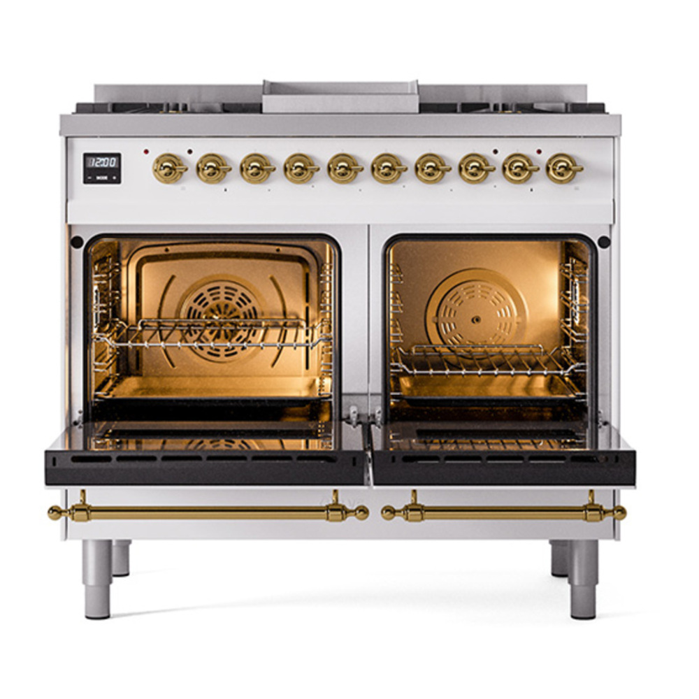 ILVE UPD40FNMPRAGLP Nostalgie II 40 inch Dual Fuel Range with Double Ovens, 6 Burners and Griddle (Liquid Propane, Triple Glass Door, RAL, Brass) 5 ILVE_UPD40FNMPRAG_Nostalgie_II_oven_door_opened