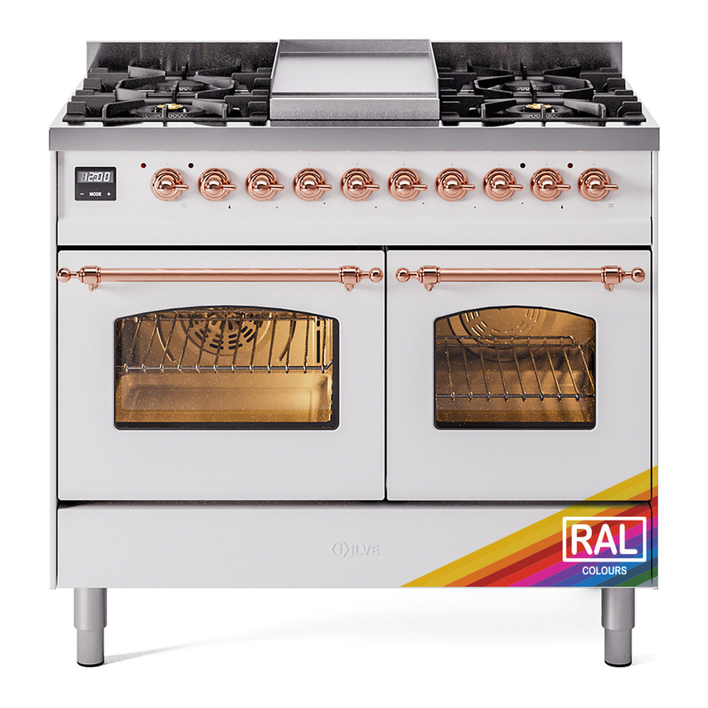 ILVE UPD40FNMPRAP Nostalgie II 40 inch Dual Fuel Range with Double Ovens, 6 Burners and Griddle (Natural Gas, Triple Glass Door, RAL, Copper) 1 UPD40FNMPRAP