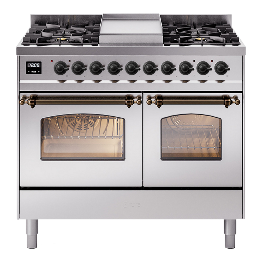 ILVE UPD40FNMPSSBLP Nostalgie II 40 inch Dual Fuel Range with Double Ovens, 6 Burners and Griddle (Liquid Propane, Triple Glass Door, Stainless Steel, Burnished) 1 UPD40FNMPSSBLP