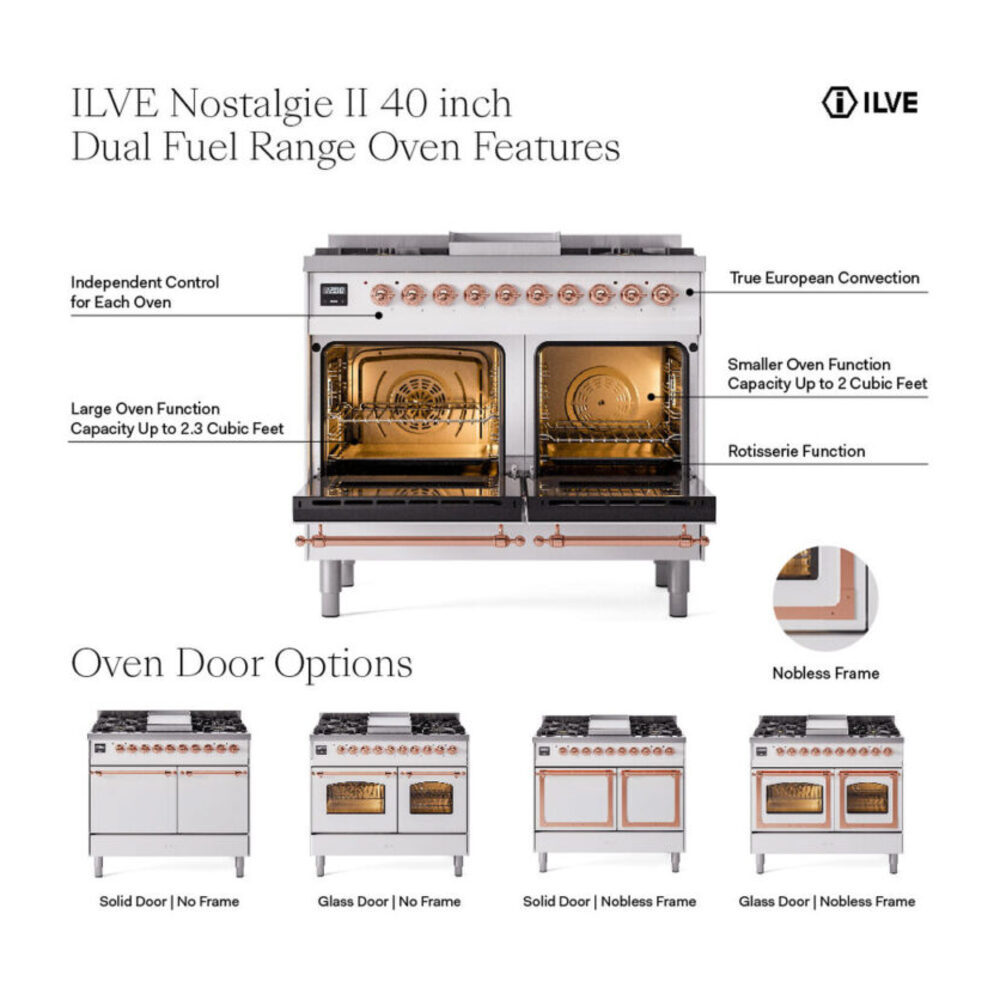 ILVE UPD40FNMP Nostalgie II 40 inch Dual Fuel Range with Double Ovens, 6 Burners and Griddle