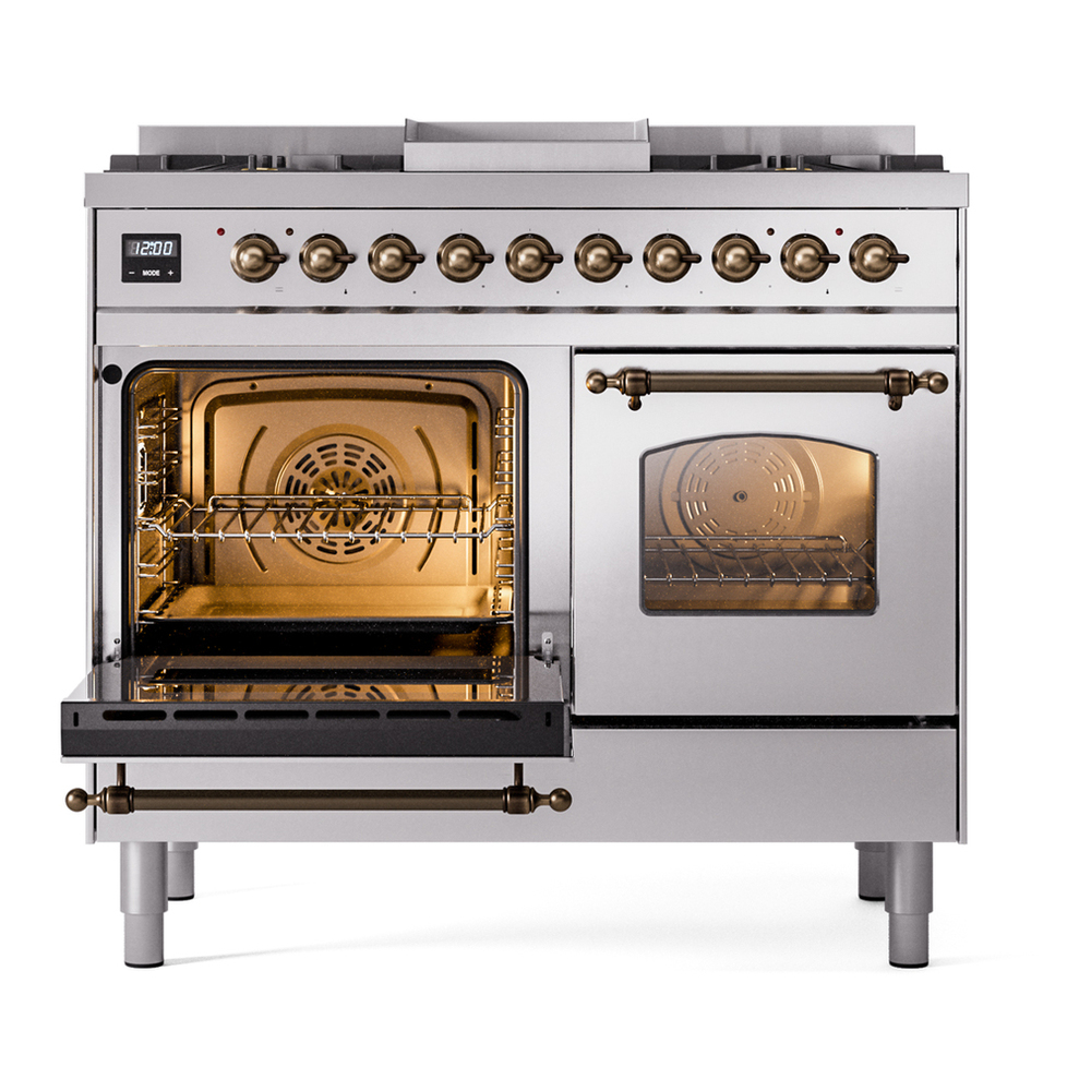 ILVE UPD40FNMPSSBLP Nostalgie II 40 inch Dual Fuel Range with Double Ovens, 6 Burners and Griddle (Liquid Propane, Triple Glass Door, Stainless Steel, Burnished) 7 ILVE UPD40FNMPSSBLP Nostalgie II 40" Dual Fuel Range, main oven door opened