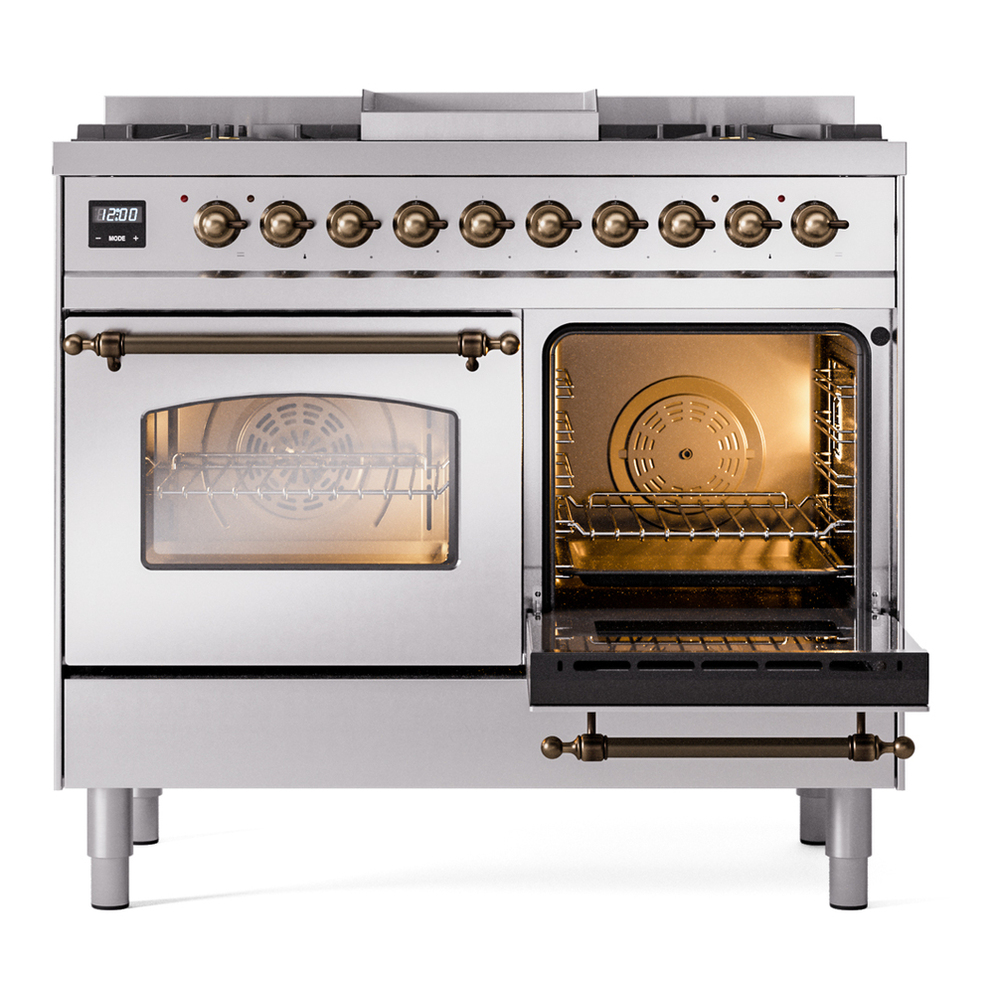ILVE UPD40FNMPSSBLP Nostalgie II 40 inch Dual Fuel Range with Double Ovens, 6 Burners and Griddle (Liquid Propane, Triple Glass Door, Stainless Steel, Burnished) 8 ILVE UPD40FNMPSSBLP Nostalgie II 40" Dual Fuel Range, side oven door opened