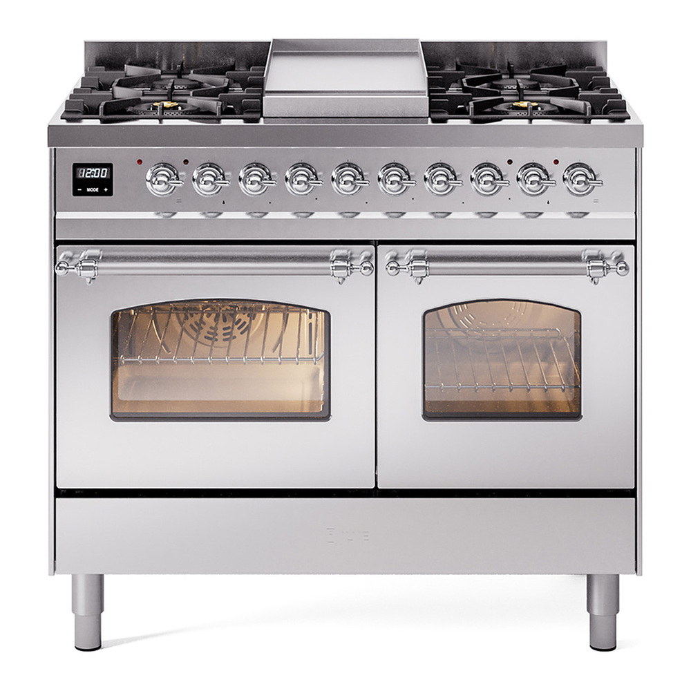 ILVE UPD40FNMPSSCLP Nostalgie II 40 inch Dual Fuel Range with Double Ovens, 6 Burners and Griddle (Liquid Propane, Triple Glass Door, Stainless Steel, Chrome) 1 UPD40FNMPSSCLP