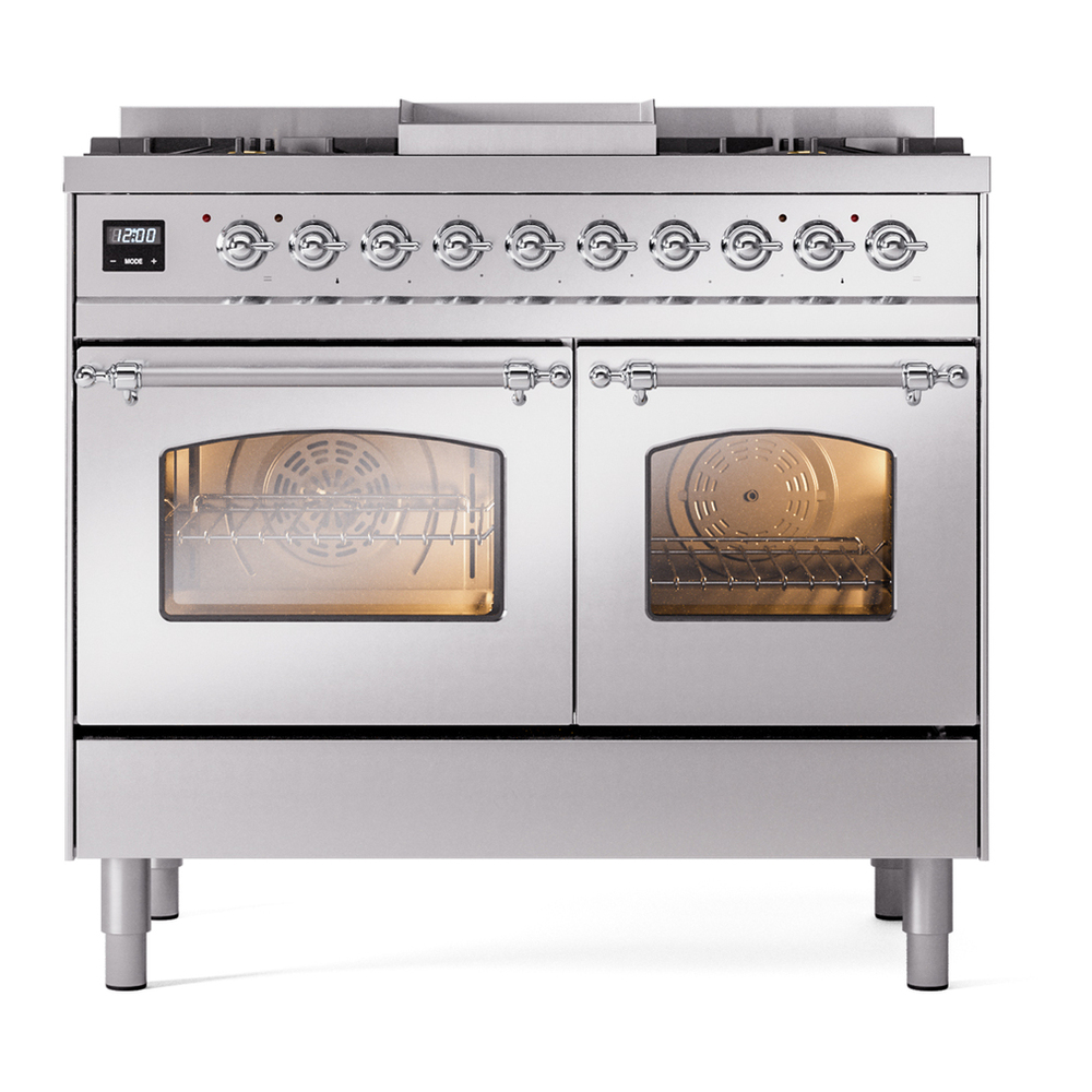 ILVE UPD40FNMPSSCLP Nostalgie II 40 inch Dual Fuel Range with Double Ovens, 6 Burners and Griddle (Liquid Propane, Triple Glass Door, Stainless Steel, Chrome) 5 ILVE UPD40FNMPSSC Nostalgie II 40" Dual Fuel Range, front view