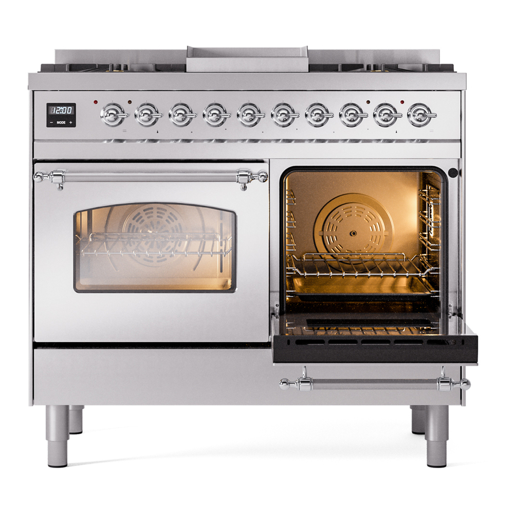 ILVE UPD40FNMPSSCLP Nostalgie II 40 inch Dual Fuel Range with Double Ovens, 6 Burners and Griddle (Liquid Propane, Triple Glass Door, Stainless Steel, Chrome) 8 ILVE UPD40FNMPSSC Nostalgie II 40" Dual Fuel Range, side oven door opened