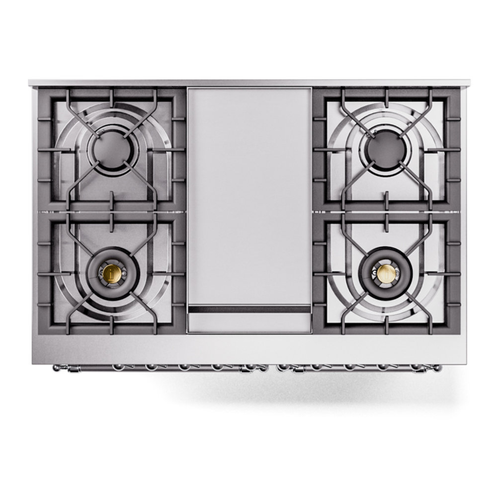 ILVE UPD40FNMPSSCLP Nostalgie II 40 inch Dual Fuel Range with Double Ovens, 6 Burners and Griddle (Liquid Propane, Triple Glass Door, Stainless Steel, Chrome) 11 ILVE UPD40FNMPSSC Nostalgie II 40" Dual Fuel Range, top view
