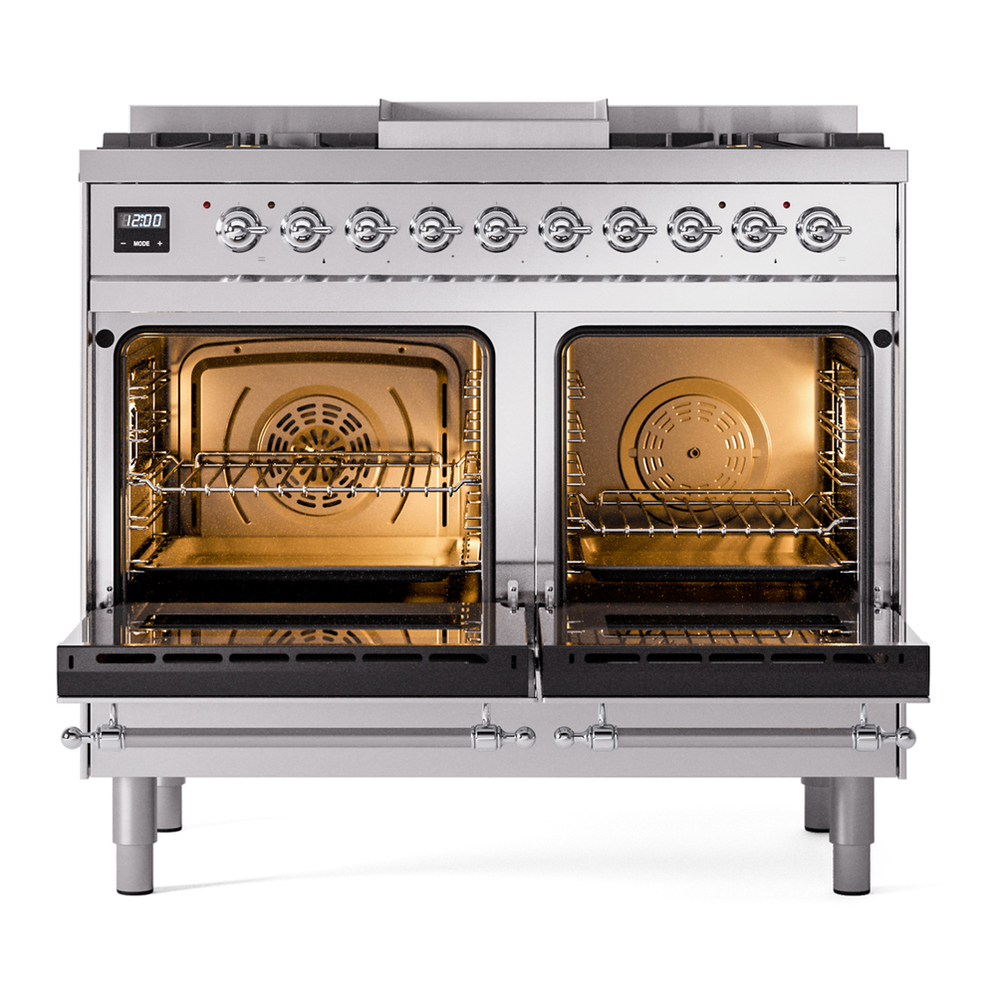 ILVE UPD40FNMPSSC Nostalgie II 40 inch Dual Fuel Range with Double Ovens, 6 Burners and Griddle (Natural Gas, Triple Glass Door, Stainless Steel, Chrome) 6 ILVE UPD40FNMPSSC Nostalgie II 40" Dual Fuel Range, oven doors opened
