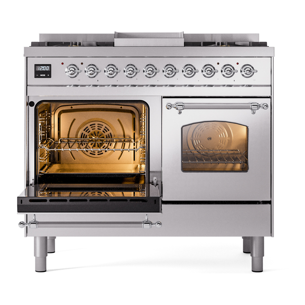 ILVE UPD40FNMPSSC Nostalgie II 40 inch Dual Fuel Range with Double Ovens, 6 Burners and Griddle (Natural Gas, Triple Glass Door, Stainless Steel, Chrome) 7 ILVE UPD40FNMPSSC Nostalgie II 40" Dual Fuel Range, main oven door opened