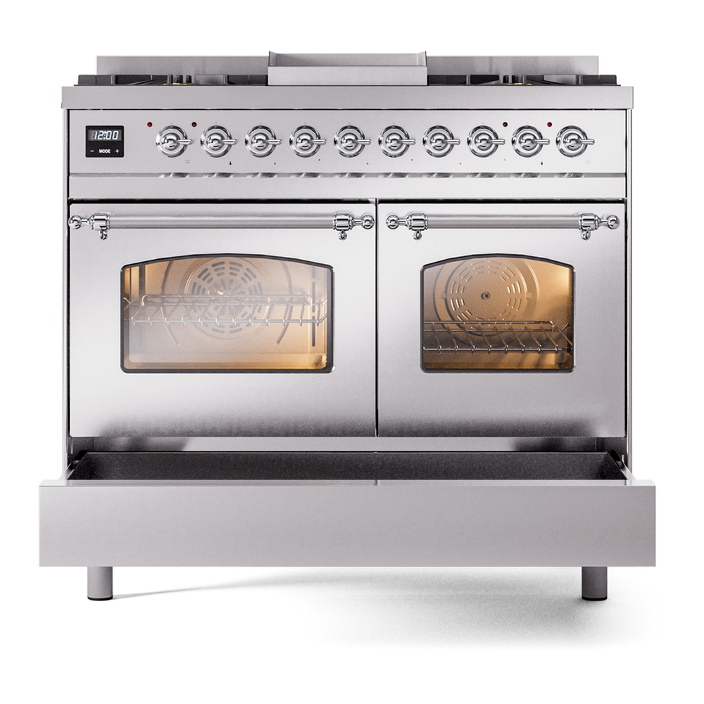 ILVE UPD40FNMPSSC Nostalgie II 40 inch Dual Fuel Range with Double Ovens, 6 Burners and Griddle (Natural Gas, Triple Glass Door, Stainless Steel, Chrome) 9 ILVE UPD40FNMPSSC Nostalgie II 40" Dual Fuel Range, drawer opened