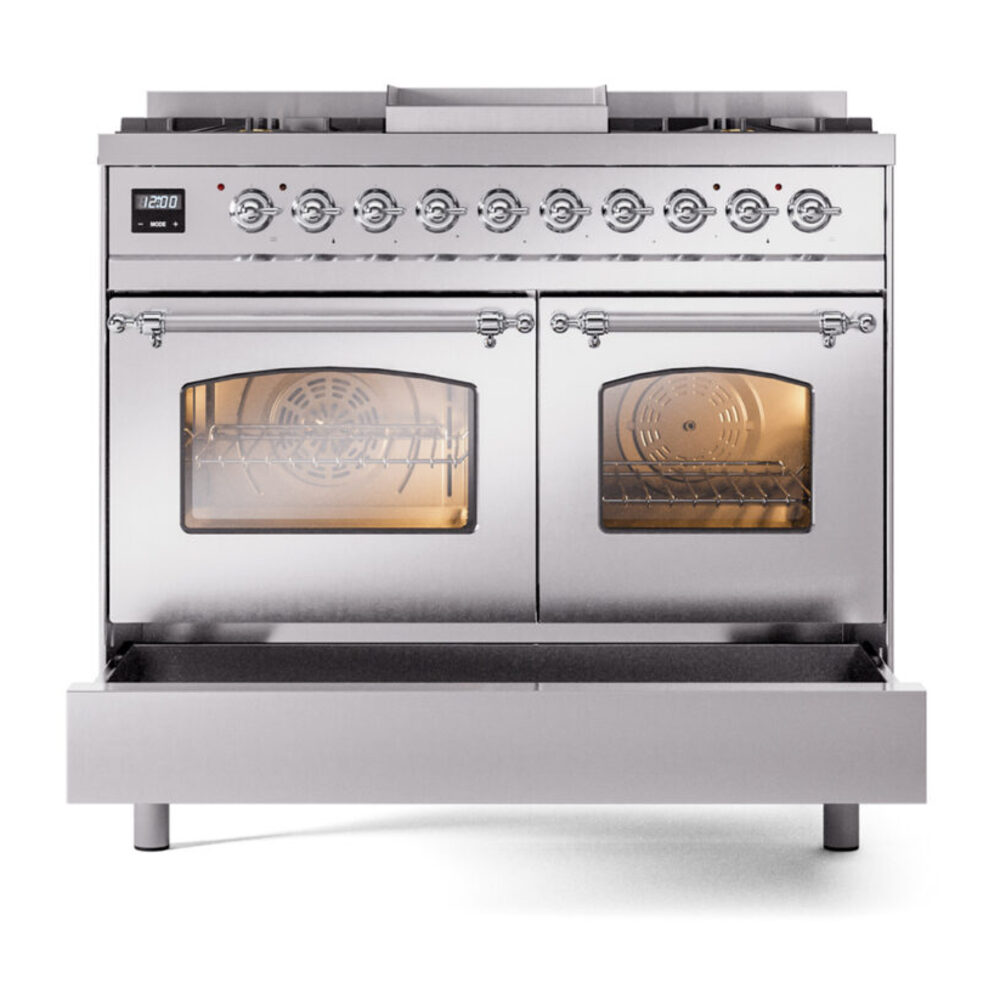 ILVE UPD40FNMPSSC Nostalgie II 40" Dual Fuel Range, drawer opened