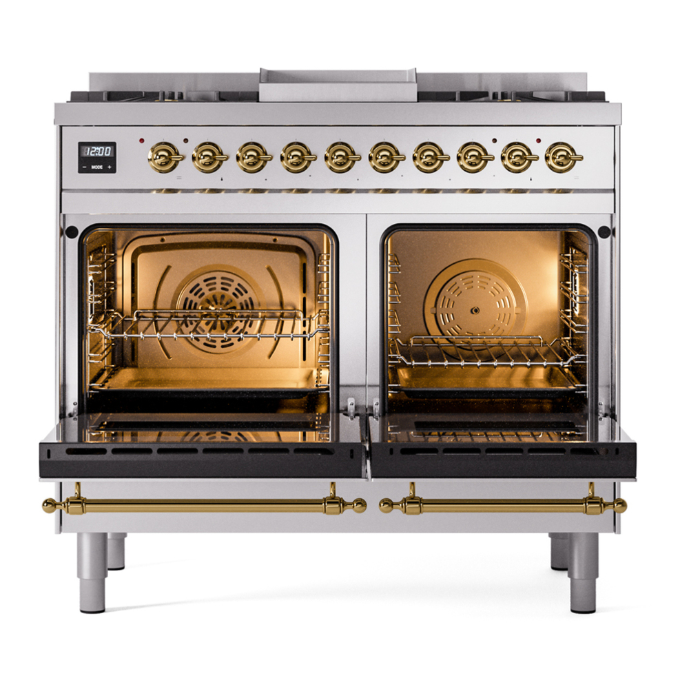 ILVE UPD40FNMPSSGLP Nostalgie II 40 inch Dual Fuel Range with Double Ovens, 6 Burners and Griddle (Liquid Propane, Triple Glass Door, Stainless Steel, Brass) 6 ILVE UPD40FNMPSSGLP Nostalgie II 40" Dual Fuel Range, oven doors opened