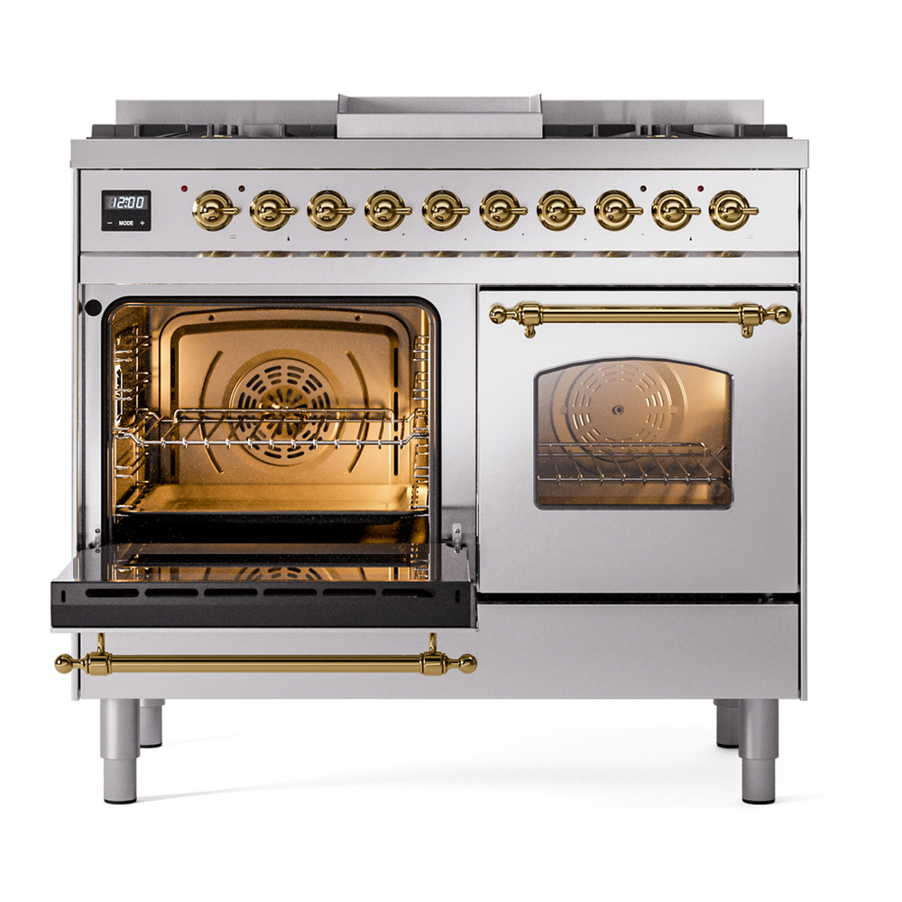 ILVE UPD40FNMPSSGLP Nostalgie II 40 inch Dual Fuel Range with Double Ovens, 6 Burners and Griddle (Liquid Propane, Triple Glass Door, Stainless Steel, Brass) 7 ILVE UPD40FNMPSSGLP Nostalgie II 40" Dual Fuel Range, main oven door opened