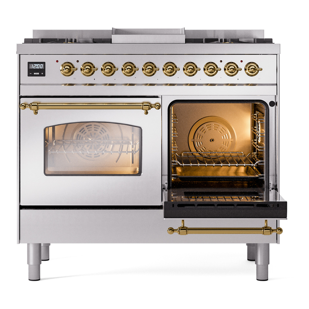 ILVE UPD40FNMPSSGLP Nostalgie II 40 inch Dual Fuel Range with Double Ovens, 6 Burners and Griddle (Liquid Propane, Triple Glass Door, Stainless Steel, Brass) 8 ILVE UPD40FNMPSSGLP Nostalgie II 40" Dual Fuel Range, side oven door opened