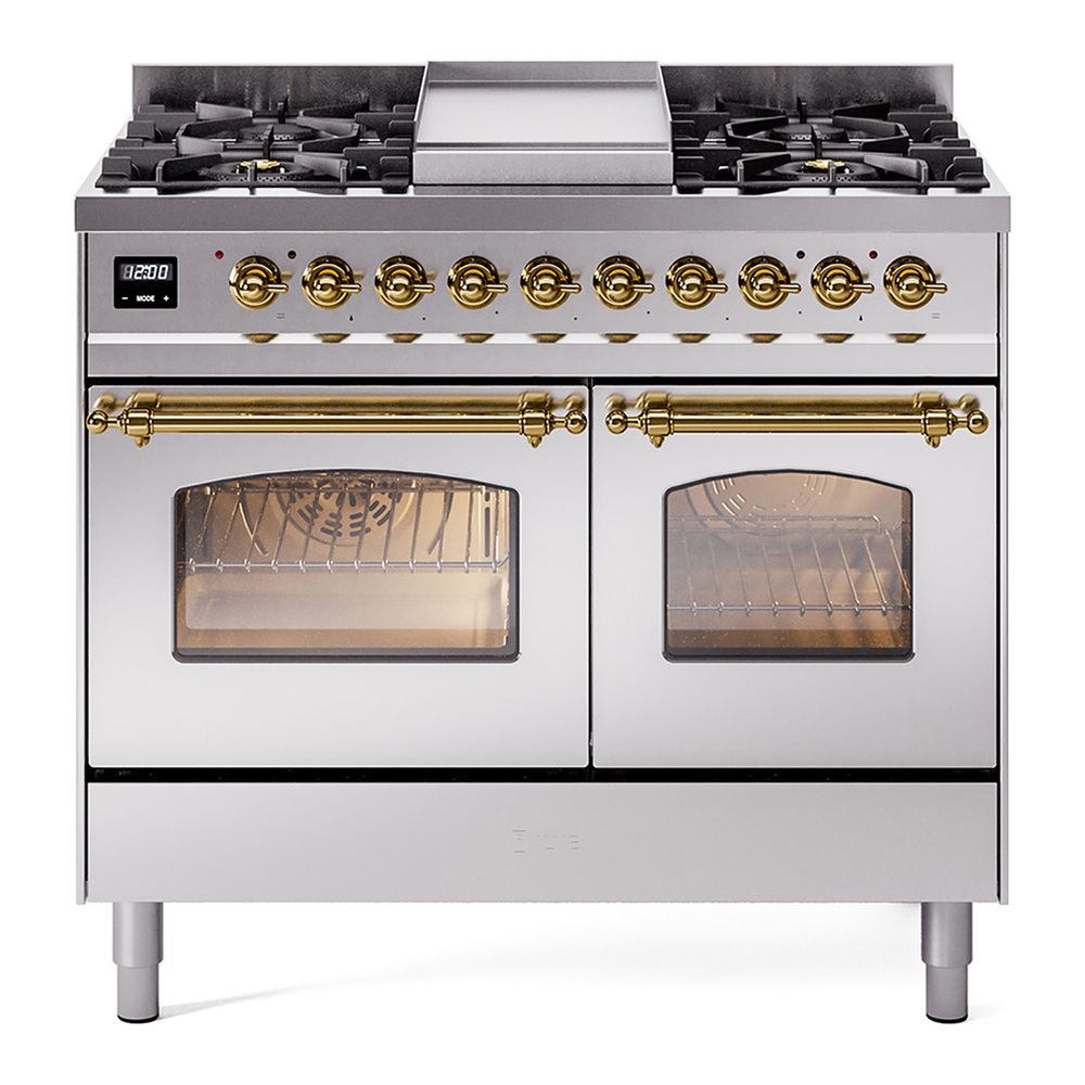 ILVE UPD40FNMPSSG Nostalgie II 40 inch Dual Fuel Range with Double Ovens, 6 Burners and Griddle (Natural Gas, Triple Glass Door, Stainless Steel, Brass)
