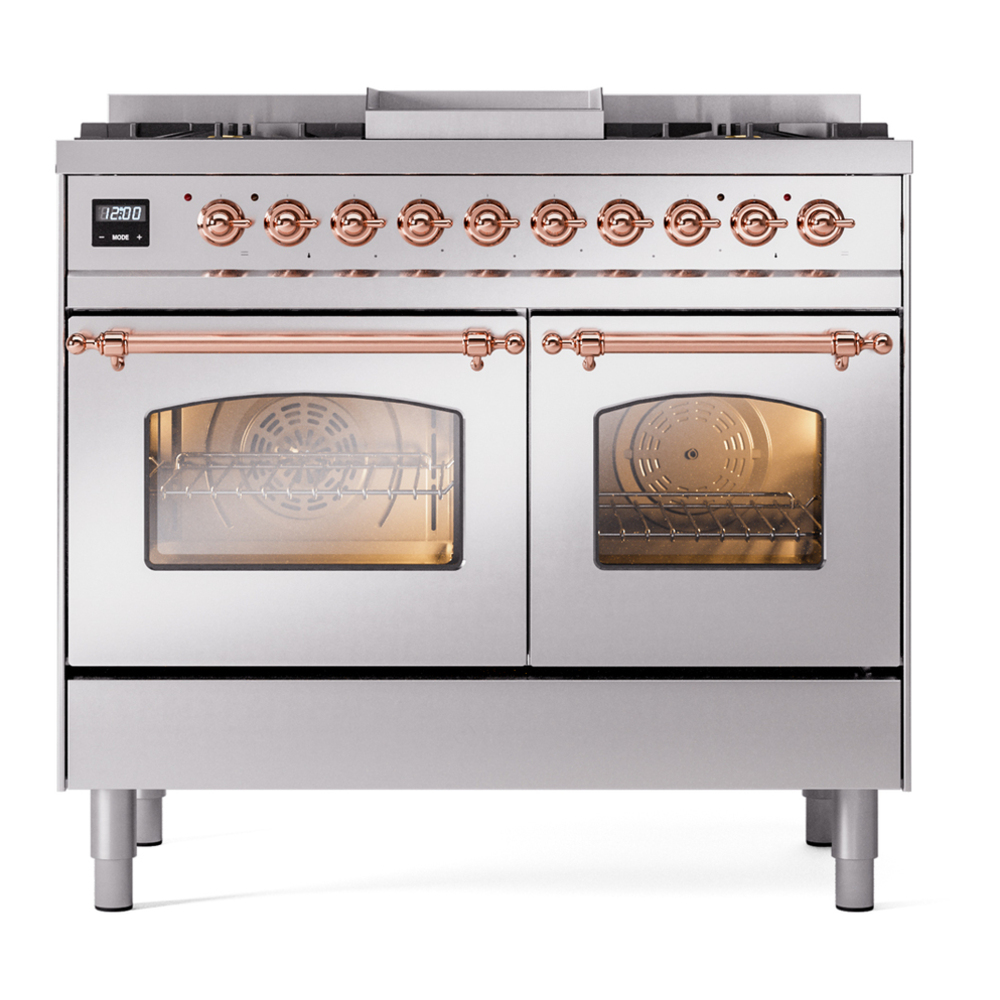 ILVE UPD40FNMPSSPLP Nostalgie II 40 inch Dual Fuel Range with Double Ovens, 6 Burners and Griddle (Liquid Propane, Triple Glass Door, Stainless Steel, Copper) 5 ILVE UPD40FNMPSSPLP Nostalgie II 40" Dual Fuel Range, front view