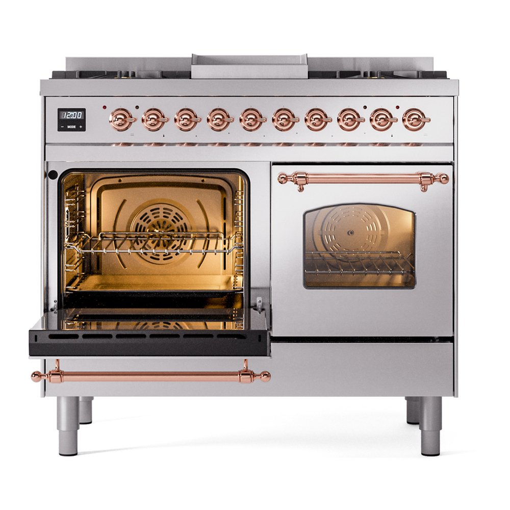 ILVE UPD40FNMPSSPLP Nostalgie II 40 inch Dual Fuel Range with Double Ovens, 6 Burners and Griddle (Liquid Propane, Triple Glass Door, Stainless Steel, Copper) 7 ILVE UPD40FNMPSSPLP Nostalgie II 40" Dual Fuel Range, main oven door opened