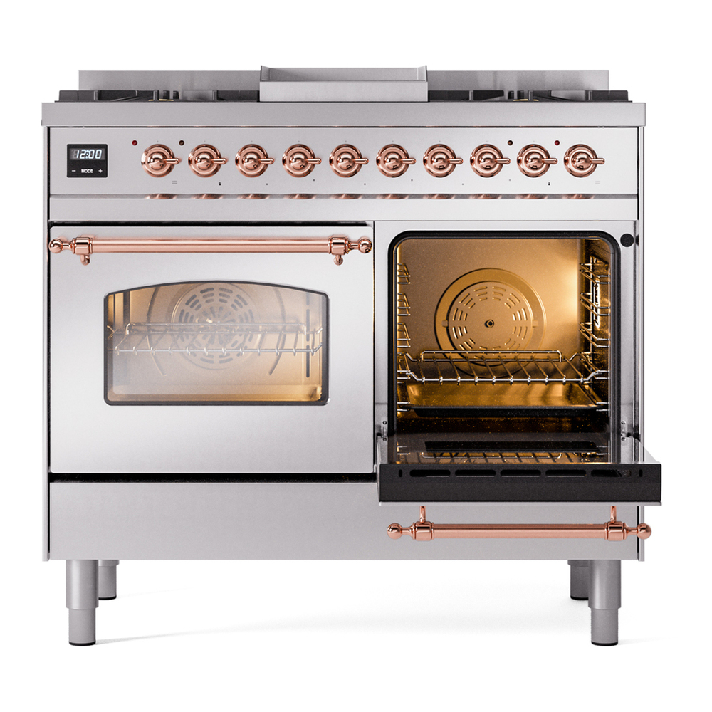 ILVE UPD40FNMPSSPLP Nostalgie II 40 inch Dual Fuel Range with Double Ovens, 6 Burners and Griddle (Liquid Propane, Triple Glass Door, Stainless Steel, Copper) 8 ILVE UPD40FNMPSSPLP Nostalgie II 40" Dual Fuel Range, side oven door opened
