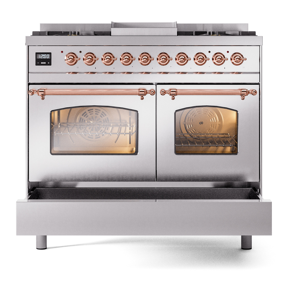 ILVE UPD40FNMPSSPLP Nostalgie II 40 inch Dual Fuel Range with Double Ovens, 6 Burners and Griddle (Liquid Propane, Triple Glass Door, Stainless Steel, Copper) 9 ILVE UPD40FNMPSSPLP Nostalgie II 40" Dual Fuel Range, drawer opened