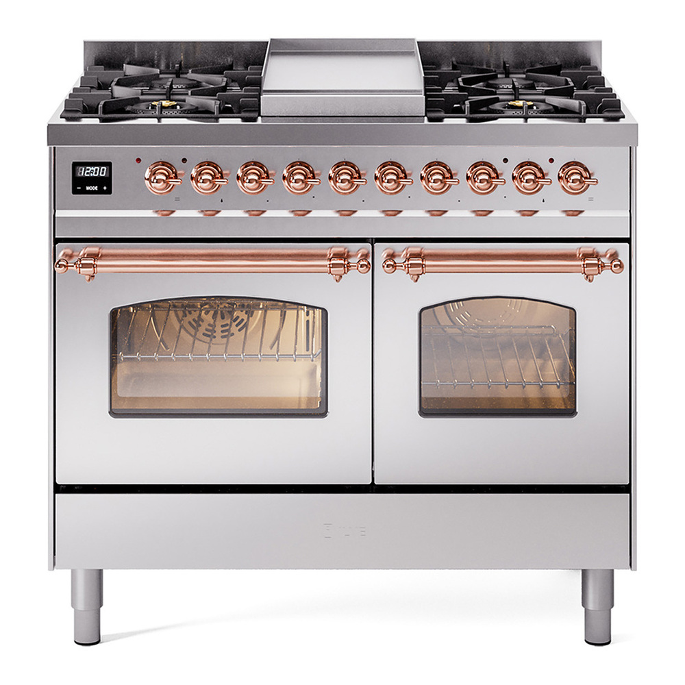 ILVE UPD40FNMPSSP Nostalgie II 40 inch Dual Fuel Range with Double Ovens, 6 Burners and Griddle (Natural Gas, Triple Glass Door, Stainless Steel, Copper) 1 UPD40FNMPSSP