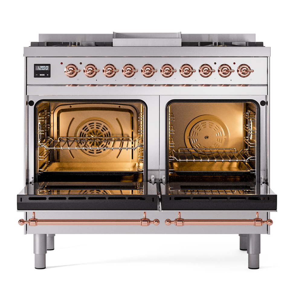 ILVE UPD40FNMPSSP Nostalgie II 40 inch Dual Fuel Range with Double Ovens, 6 Burners and Griddle (Natural Gas, Triple Glass Door, Stainless Steel, Copper) 6 ILVE UPD40FNMPSSP Nostalgie II 40" Dual Fuel Range, oven doors opened