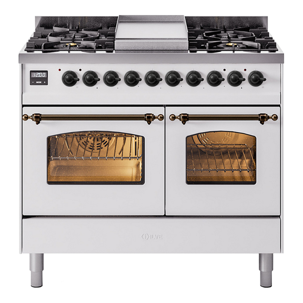 ILVE UPD40FNMPWHBLP Nostalgie II 40 inch Dual Fuel Range with Double Ovens, 6 Burners and Griddle (Liquid Propane, Triple Glass Door, White, Burnished) 1 UPD40FNMPWHBLP