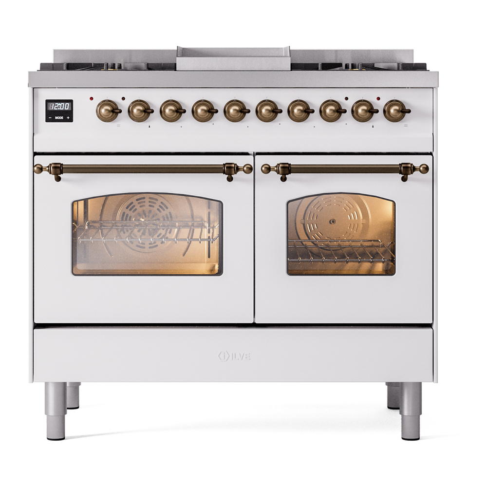 ILVE UPD40FNMPWHBLP Nostalgie II 40 inch Dual Fuel Range with Double Ovens, 6 Burners and Griddle (Liquid Propane, Triple Glass Door, White, Burnished) 5 ILVE UPD40FNMPWHBLP Nostalgie II 40" Dual Fuel Range, front view